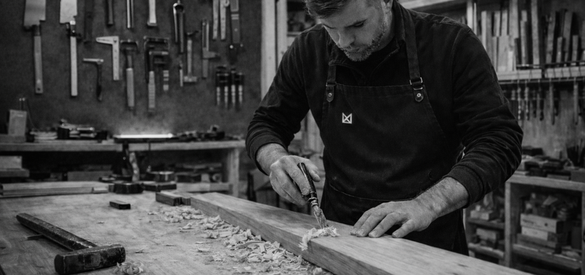 Een vakman in een houtwerkplaats schaaf­t geconcentreerd een houten plank op een werkbank, terwijl achter hem verschillende handgereedschappen netjes aan de muur hangen.